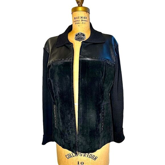 Vintage Black Suede Leather and Ribbed Jersey Short Jacket Essentials by Milano - Picture 1 of 14